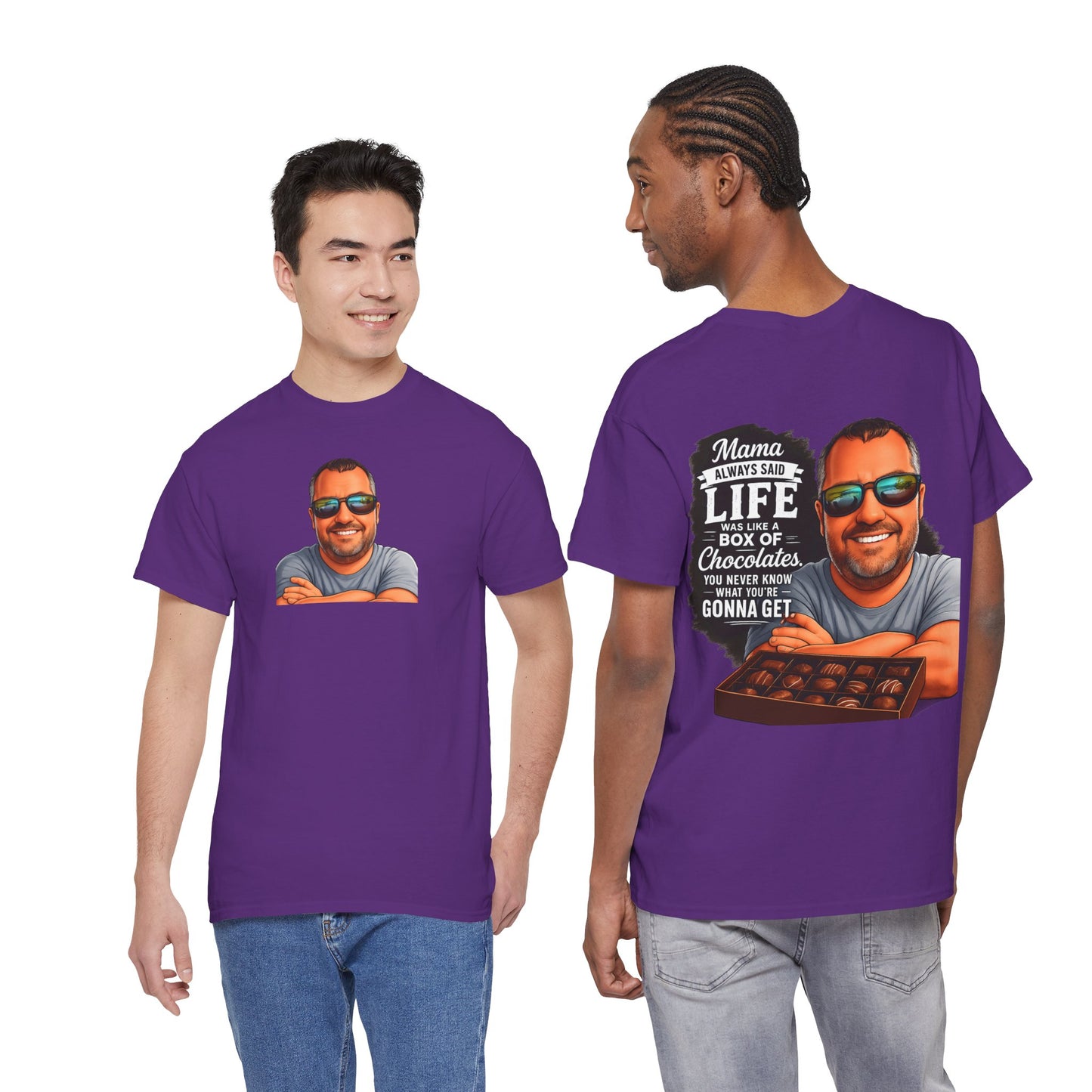 T-Shirt — "Mama Always Said Life Is Like A Box Of Chocolates" Graphic Tee (Funny Retro Portrait)