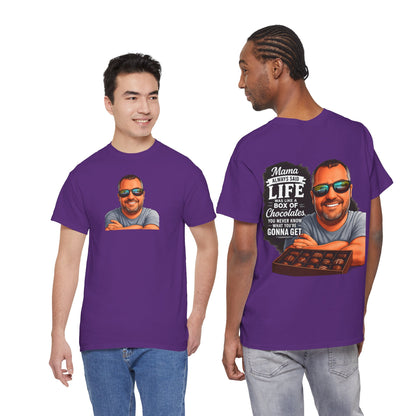 T-Shirt — "Mama Always Said Life Is Like A Box Of Chocolates" Graphic Tee (Funny Retro Portrait)
