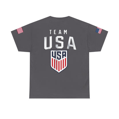 Team USA Flag T‑Shirt — Patriotic Navy Tee with Back Shield Logo