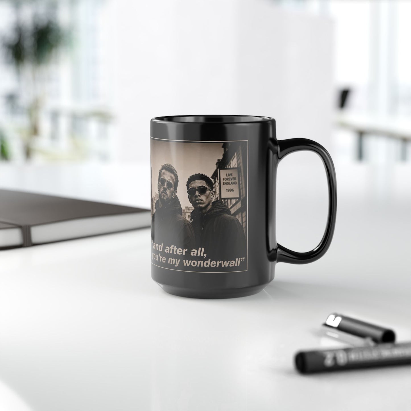 Kane and Bellingham Lyric Photo Black Mug — “and after all, you’re my wonderwall” Band Tribute Coffee Cup
