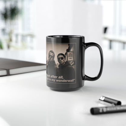 Kane and Bellingham Lyric Photo Black Mug — “and after all, you’re my wonderwall” Band Tribute Coffee Cup