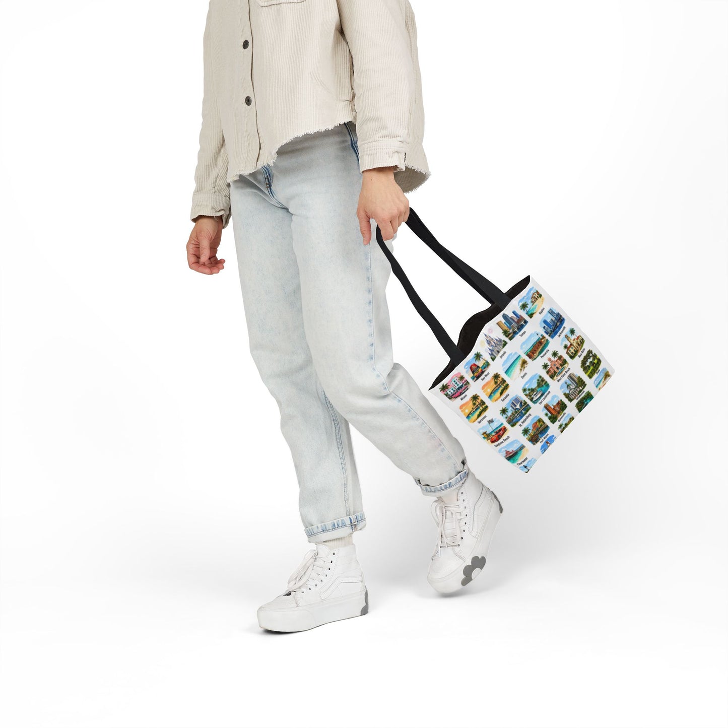 Florida City Landmark Collage Canvas Tote Bag — Vintage Travel Icons Print