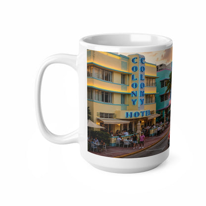 Miami Beach Sunset Coffee Mug — Ocean Drive Retro Car & Art Deco Hotel Design (11oz/15oz)