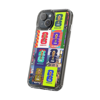 FIFA World Cup Pop Art Clear Phone Case — City Badge Collage (Dallas, LA, Monterrey, Toronto, Seattle)