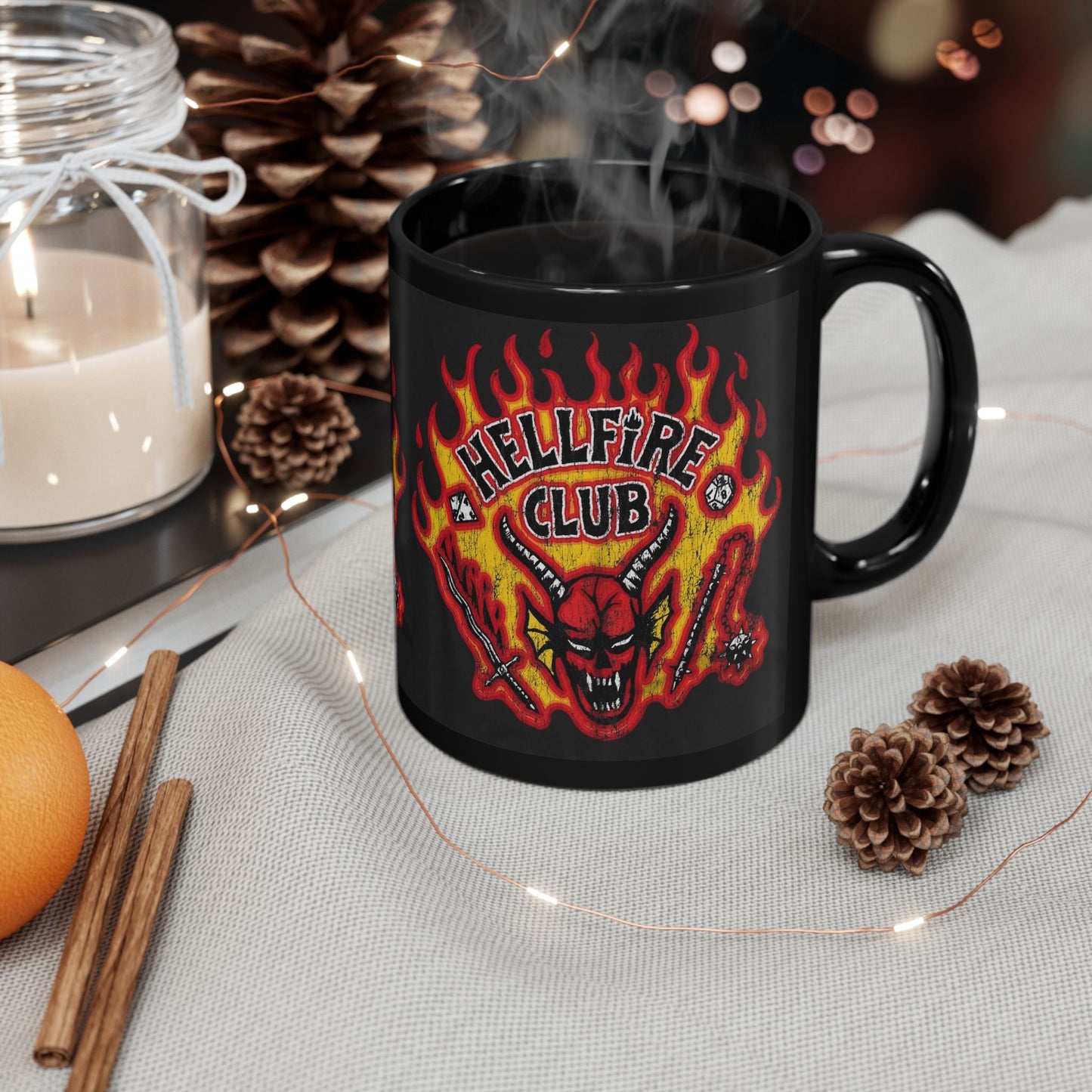 Hellfire Club Black Mug — Flaming Demon Skull Coffee Cup (11oz & 15oz)