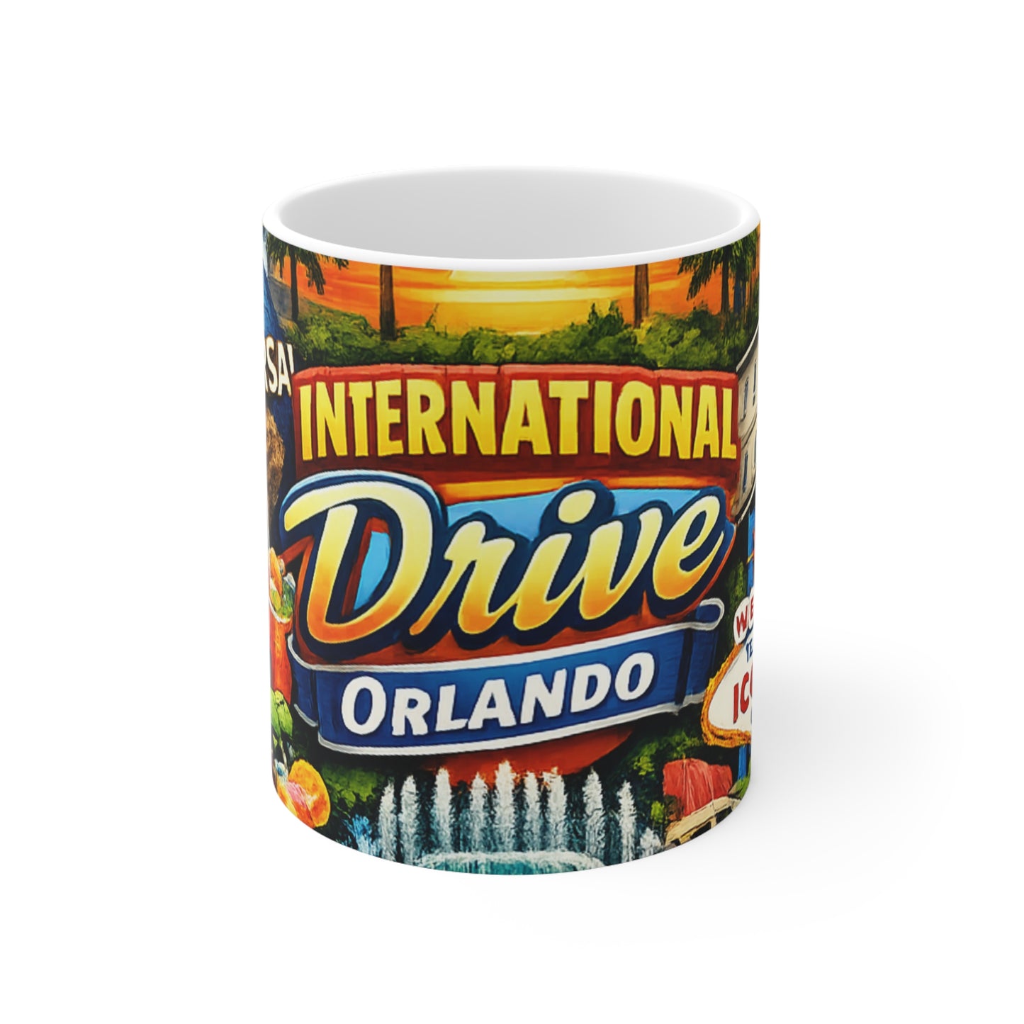 Orlando International Drive Souvenir Mug — Universal Globe & Theme Park Icons, 11oz/15oz