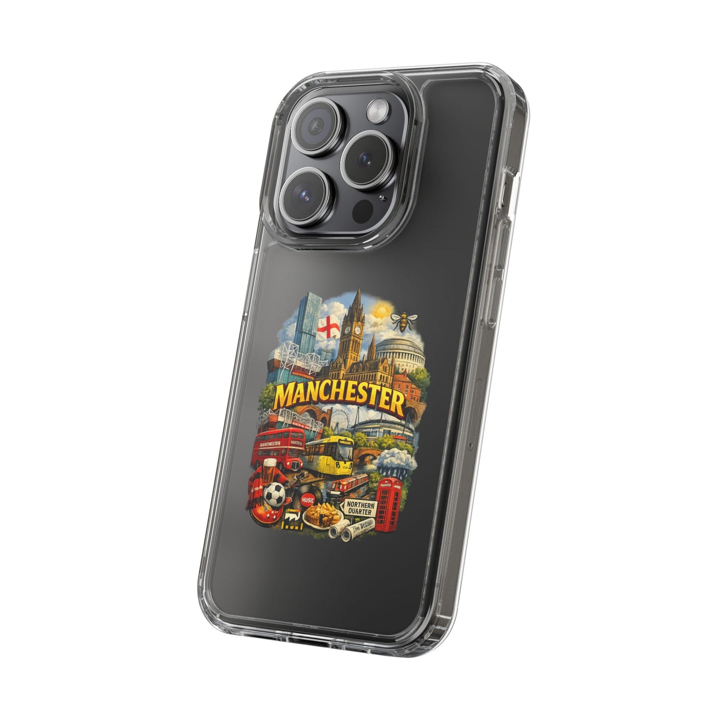 Manchester Landmark Clear Phone Case — Cityscape Collage Design
