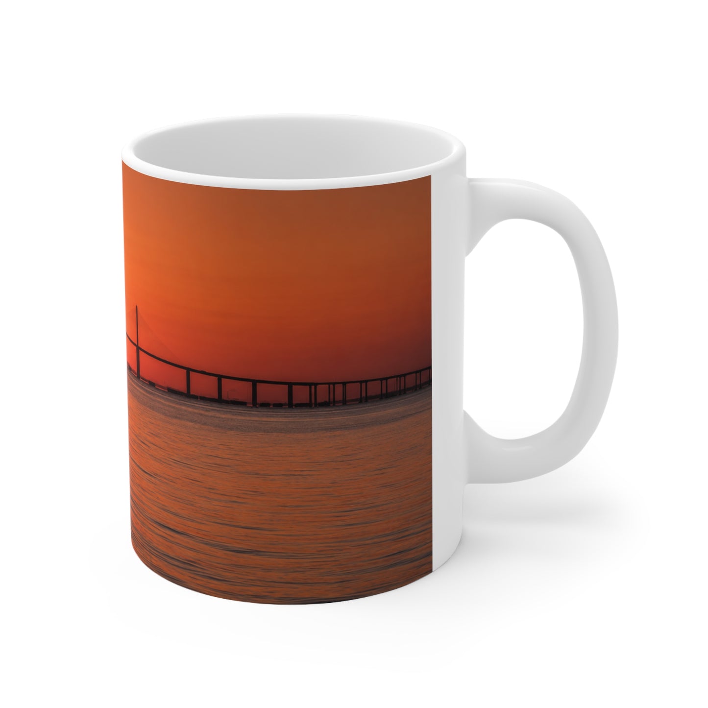 Skyway Sunset Bridge Ceramic Coffee Mug — Orange Seascape 11oz & 15oz