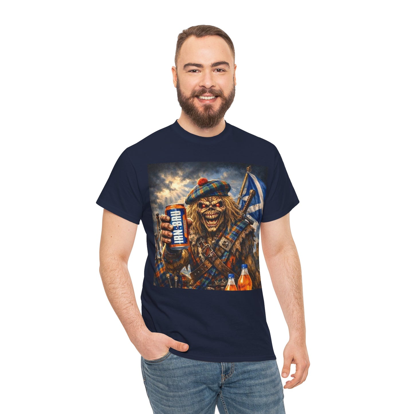 Scottish Rock Skull T‑Shirt — Eddie the Piper with Flag & Can Graphic Tee