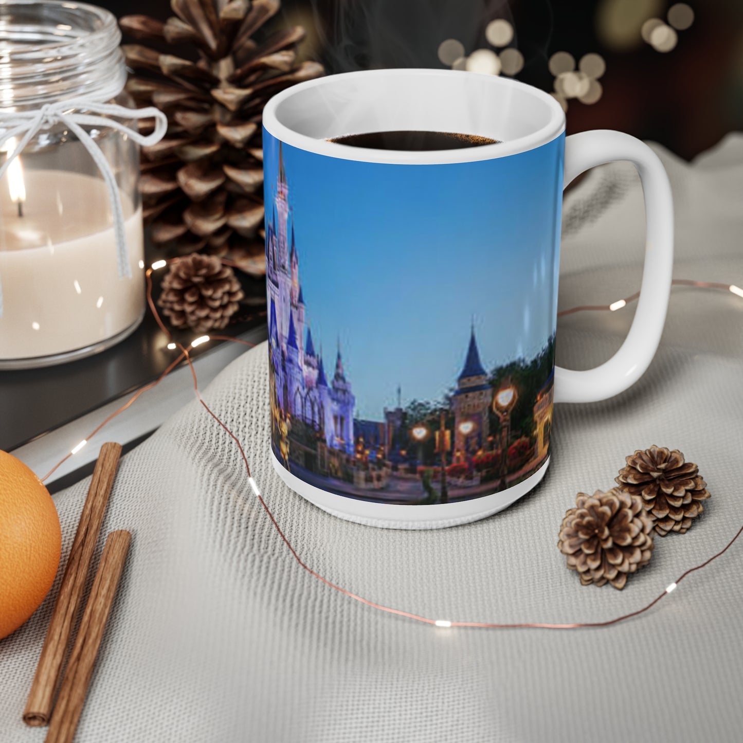 Disney Castle Nightscape Mug — Scenic Theme Park Castle Ceramic Coffee Cup (11oz, 15oz)