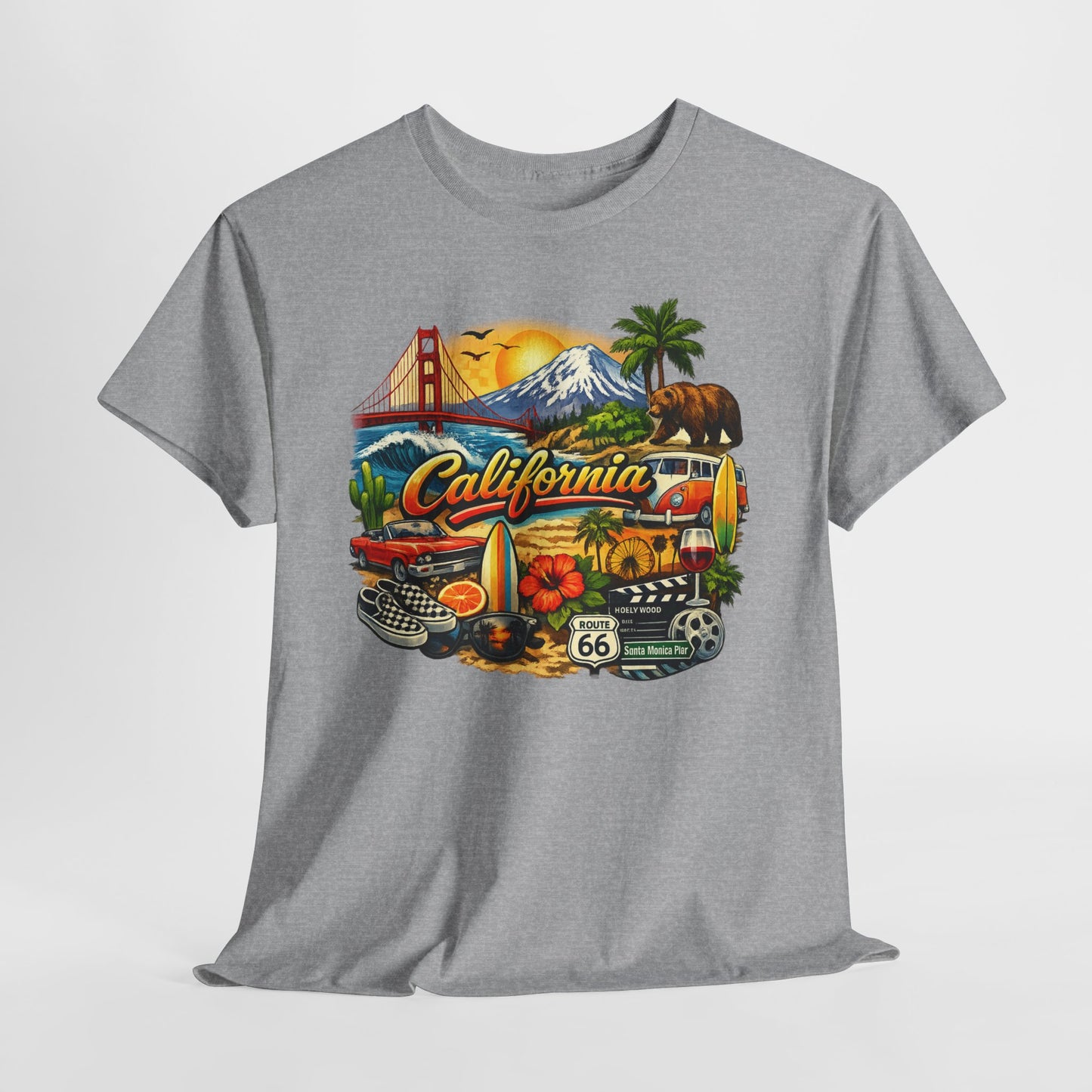California Vintage Travel T-Shirt — Golden Gate, Palm Trees & Route 66 Tee