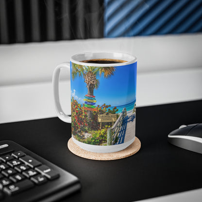 Indian Rocks Beach Boardwalk Coffee Mug — Tropical Palm Sunrise Ceramic Mug (11oz & 15oz)