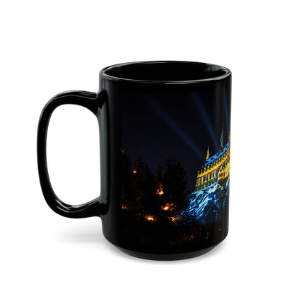 Hogwarts Night Castle Black Coffee Mug – Festive Illuminated Castle Panorama (11oz & 15oz)