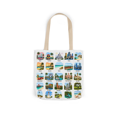 Florida City Landmark Collage Canvas Tote Bag — Vintage Travel Icons Print