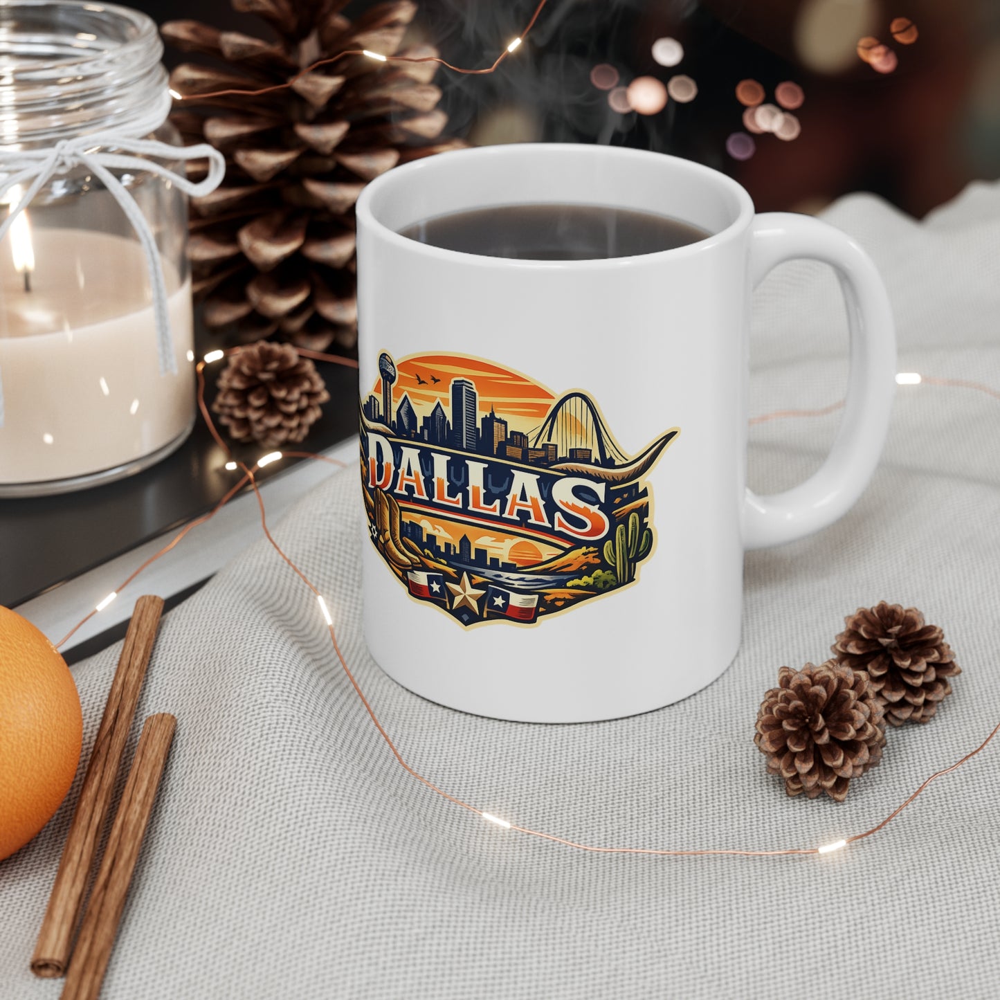 Dallas Skyline Ceramic Coffee Mug — Retro Texas Cityscape 11oz & 15oz