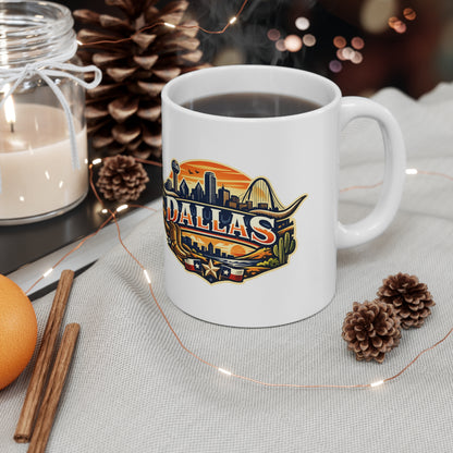 Dallas Skyline Ceramic Coffee Mug — Retro Texas Cityscape 11oz & 15oz