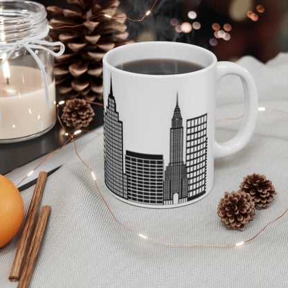 New York City Skyline Ceramic Mug — Black & White New York Statue of Liberty Coffee Cup (11oz, 15oz)