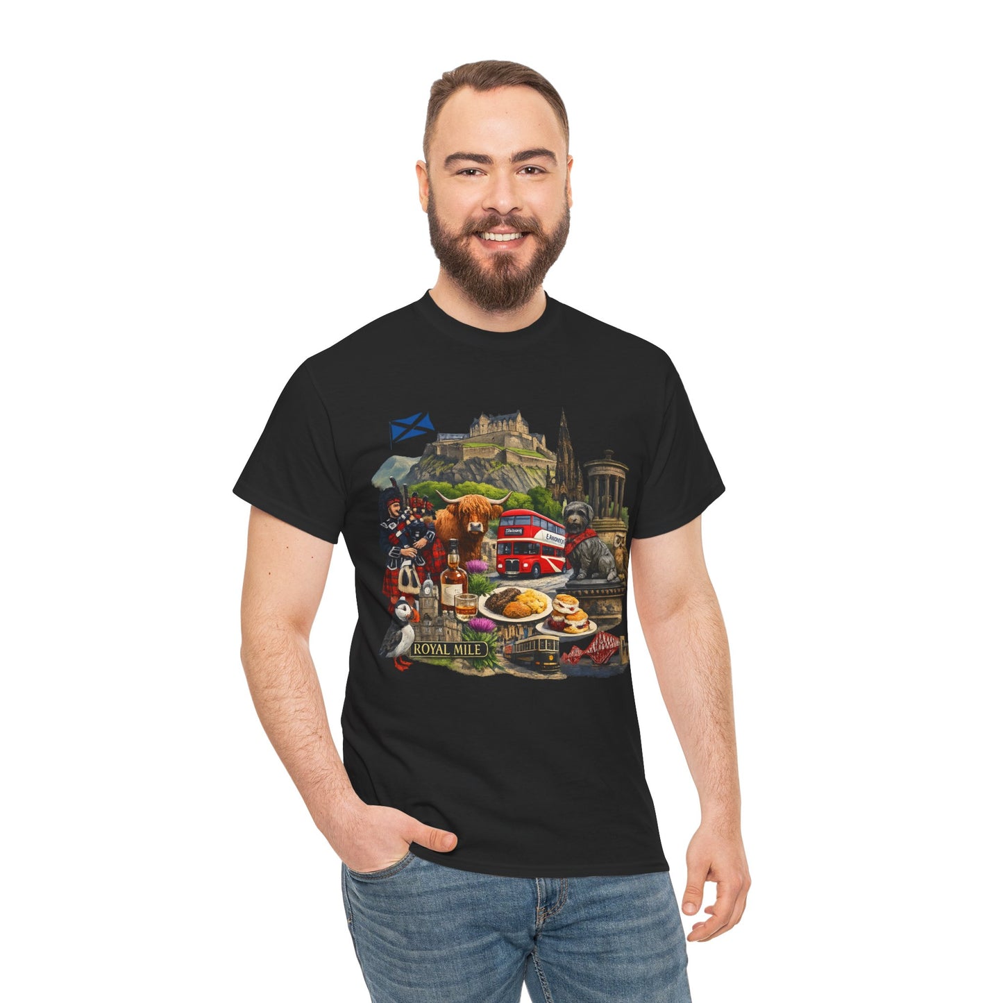 Scotland / Edinburgh Travel Collage T-Shirt — Edinburgh Castle, Bagpipes & Local Icons