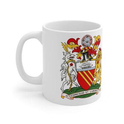 Manchester Coat of Arms Ceramic Coffee Mug — 11oz & 15oz Crest Mug ("Concilio et Labore")