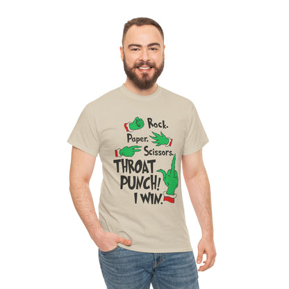 Funny Holiday Tee — "Rock. Paper. Scissors. Throat Punch! I Win" Graphic T-Shirt