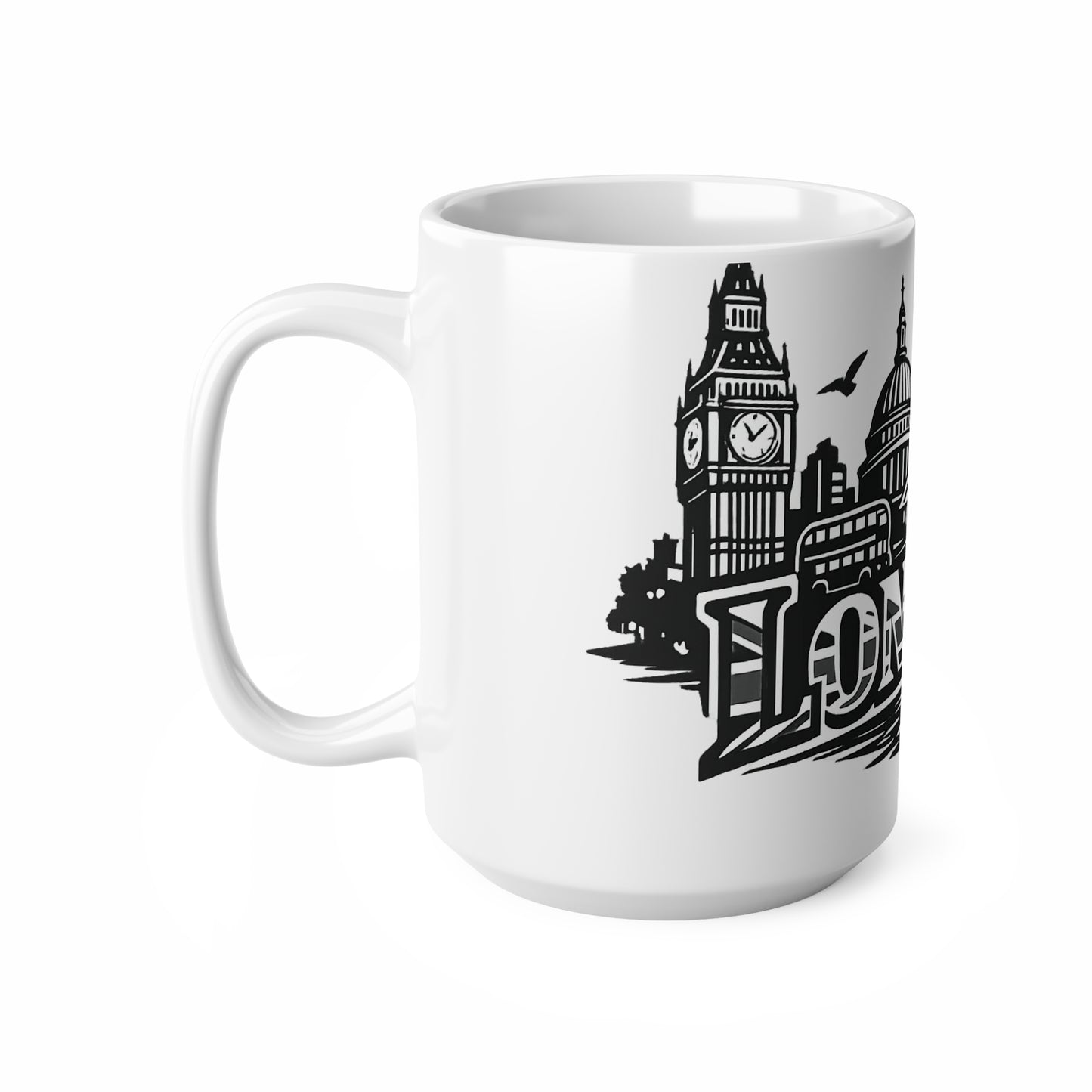 London Skyline Ceramic Mug — Black & White Cityscape Coffee Cup (11oz, 15oz)