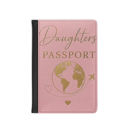 Daughters Passport Cover – Pink Travel Passport Holder with Gold Globe & Heart Design