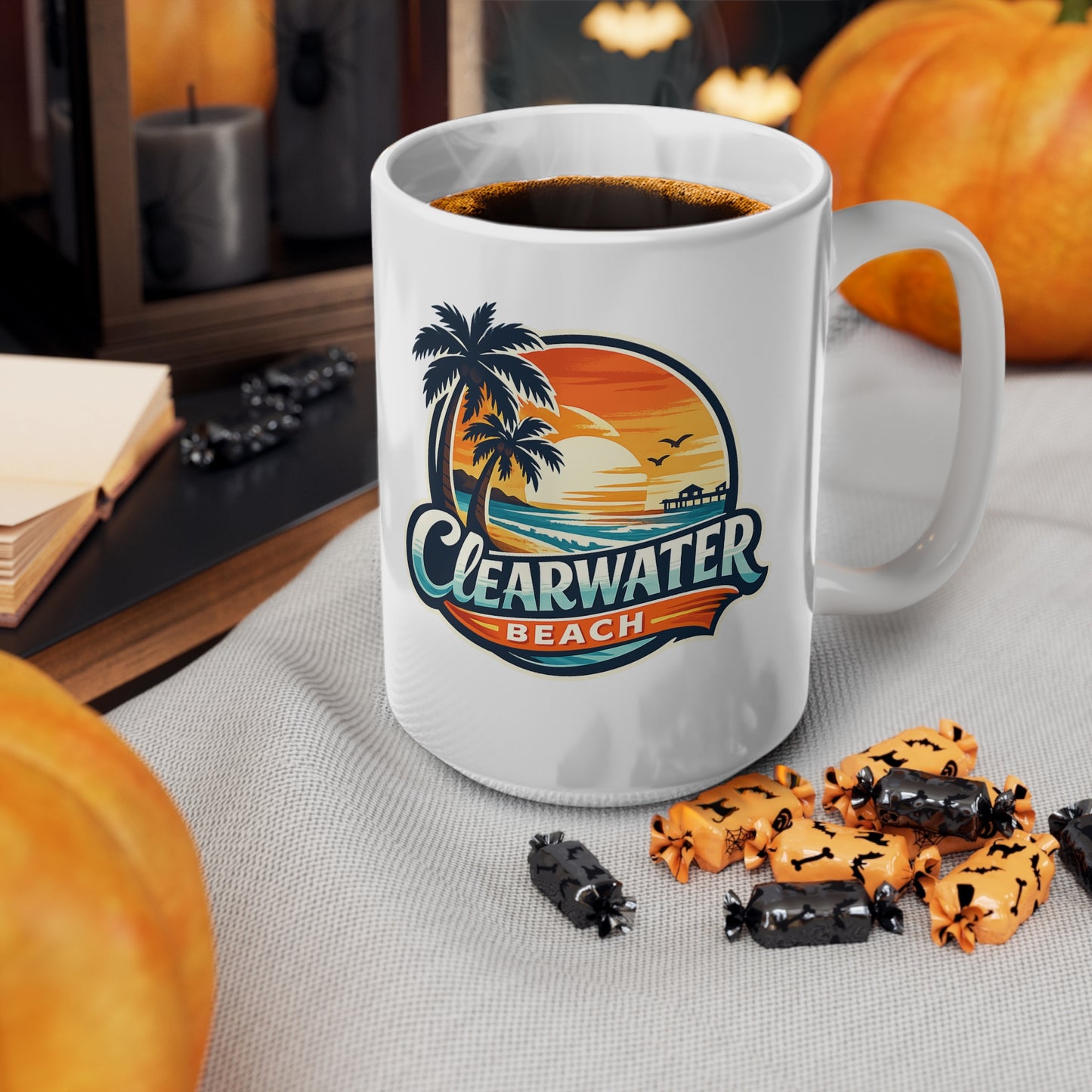 Clearwater Beach Sunset Ceramic Mug — Retro Palm Tree Coffee Cup (11oz & 15oz)