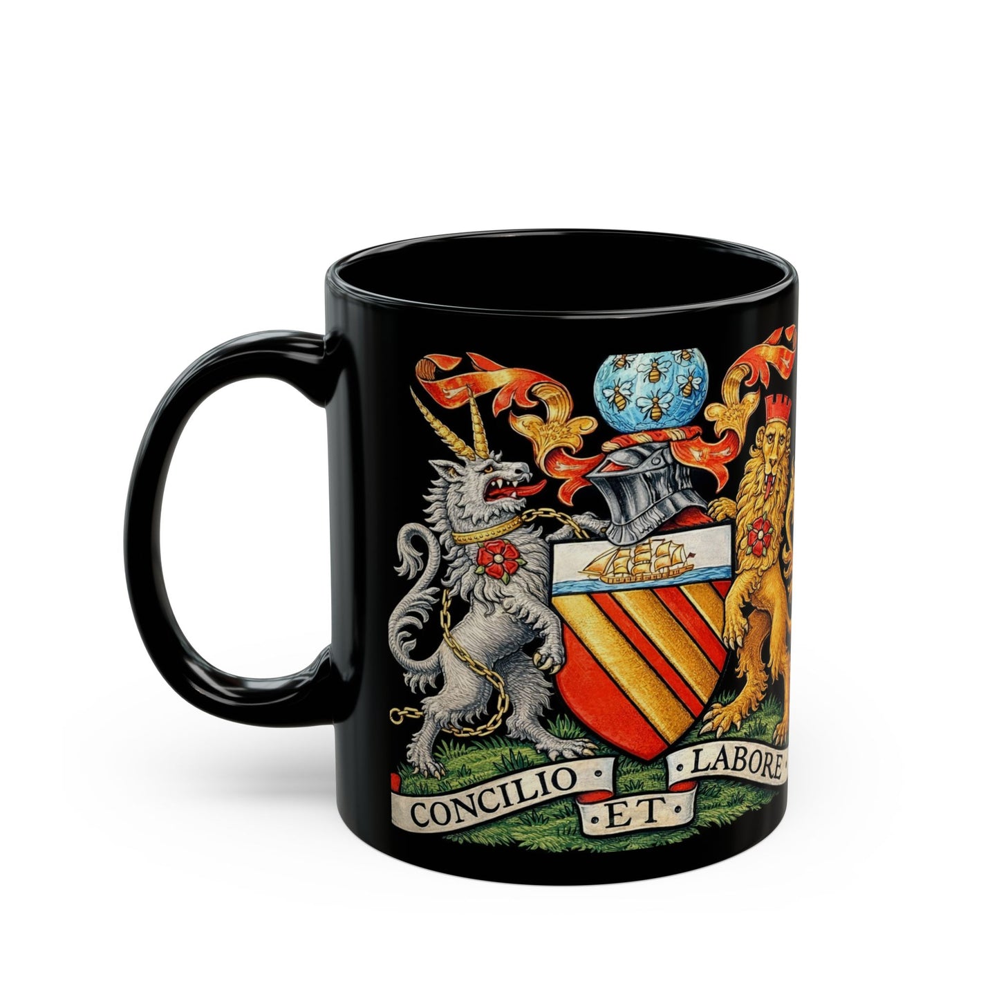 Manchester Coat of Arms Crest Mug — 'Concilio et Labore' Black Coffee Cup