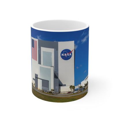 NASA Vehicle Assembly Building Photo Mug — American Flag Kennedy Space Center Souvenir (11oz & 15oz)
