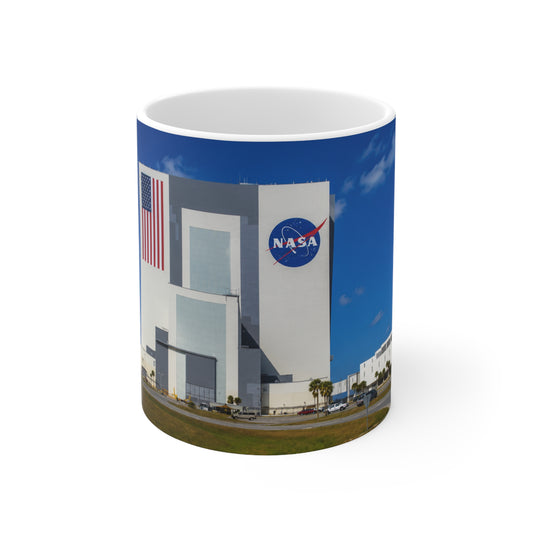 NASA Vehicle Assembly Building Photo Mug — American Flag Kennedy Space Center Souvenir (11oz & 15oz)