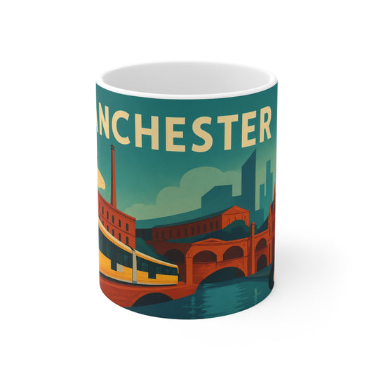 Manchester Vintage Travel Poster Coffee Mug — Bee & Tram 11oz/15oz
