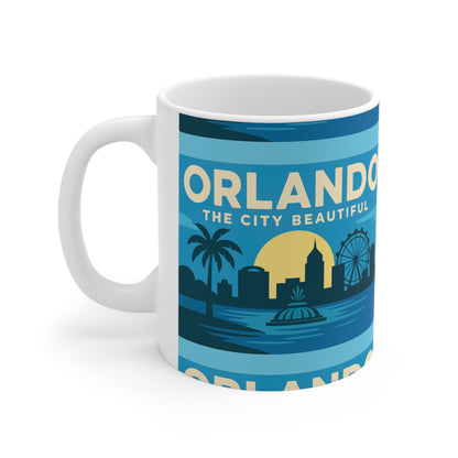 Orlando Retro Blue Skyline Mug — 'Orlando The City Beautiful' Ceramic Coffee Cup (11oz & 15oz)