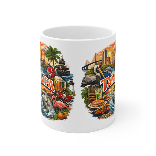 Tampa Cityscape Ceramic Coffee Mug — 11oz & 15oz Souvenir Mug with Skyline, Pelican & Tropical Icons