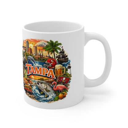 Tampa Cityscape Ceramic Coffee Mug — 11oz & 15oz Souvenir Mug with Skyline, Pelican & Tropical Icons