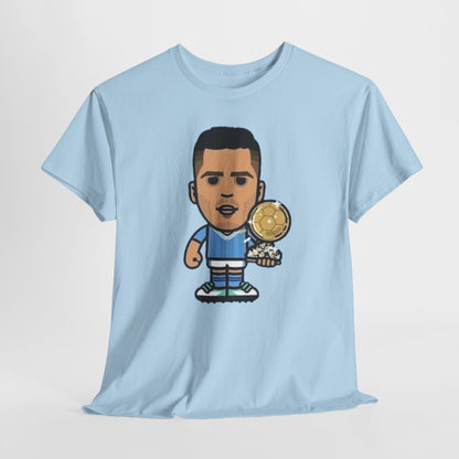 Rodri Manchester City Cartoon Tee — Player Holding Trophy Graphic Shirt