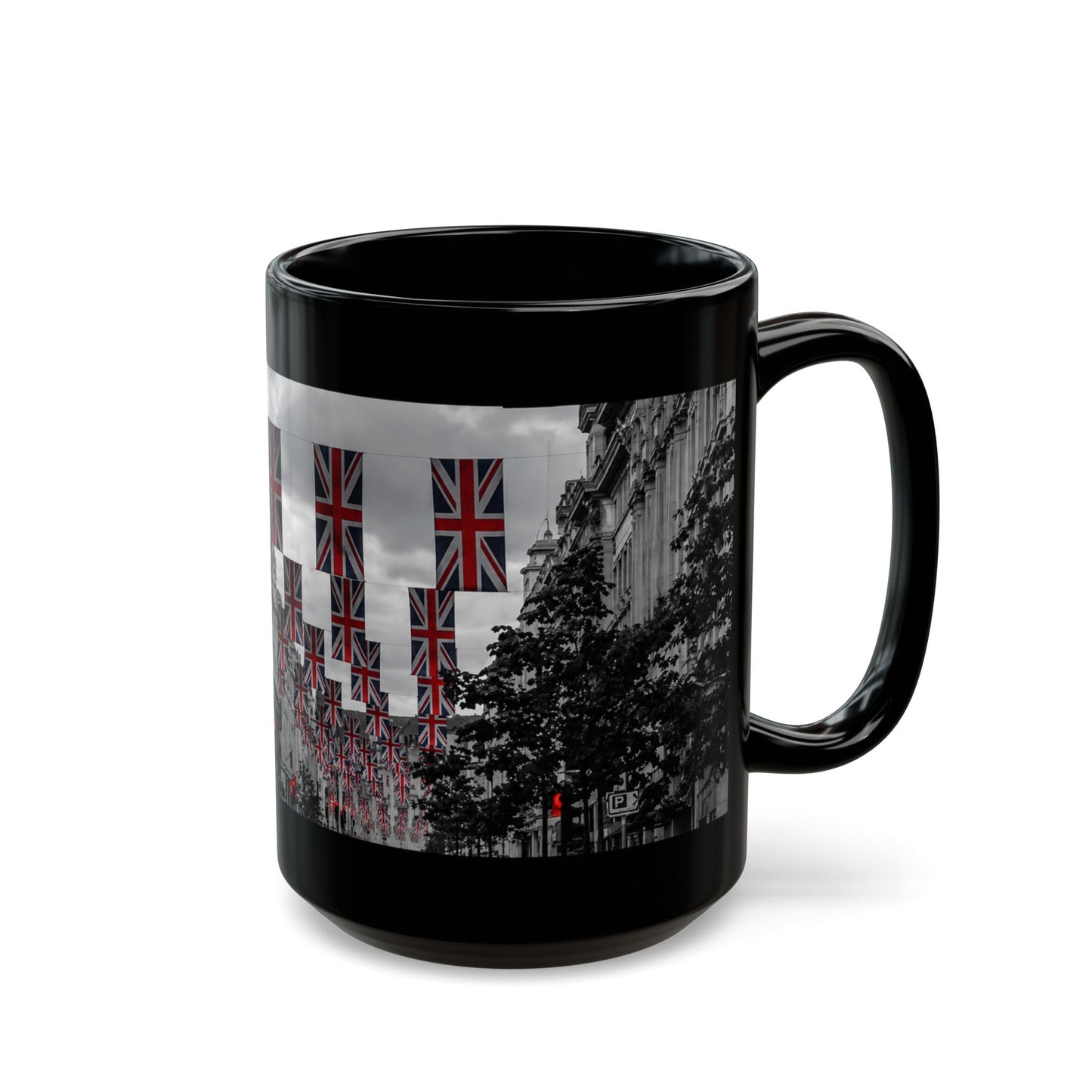 London Street Union Jack Street Scene Black Mug (11oz, 15oz) — London Flags Coffee Cup