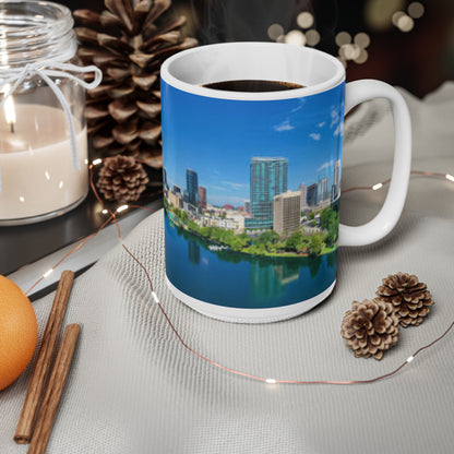 City Skyline Mug — Blue Lake Reflection Ceramic Coffee Cup (11oz & 15oz)