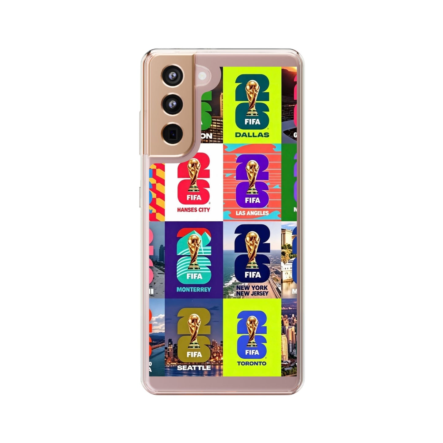 FIFA World Cup Pop Art Clear Phone Case — City Badge Collage (Dallas, LA, Monterrey, Toronto, Seattle)