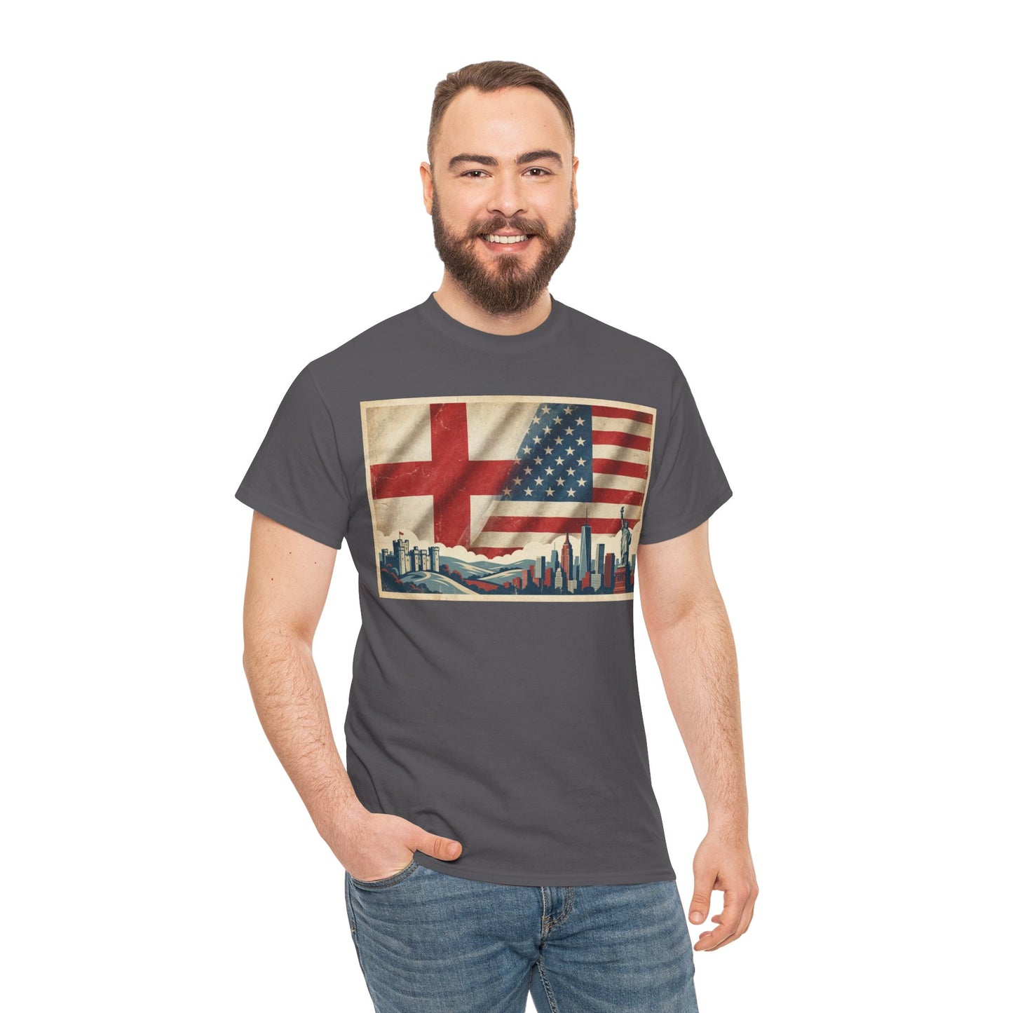 England + USA Flag Skyline T-Shirt — Vintage London & New York City Pride Tee