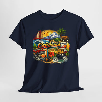 California Vintage Travel T-Shirt — Golden Gate, Palm Trees & Route 66 Tee