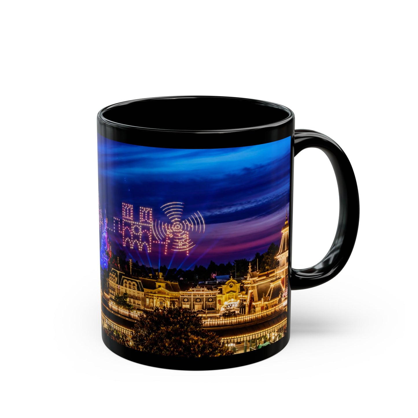 Disneyland Paris Park Nightscape Black Mug — Illuminated Main Street Skyline (11oz/15oz)