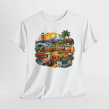California Vintage Travel T-Shirt — Golden Gate, Palm Trees & Route 66 Tee