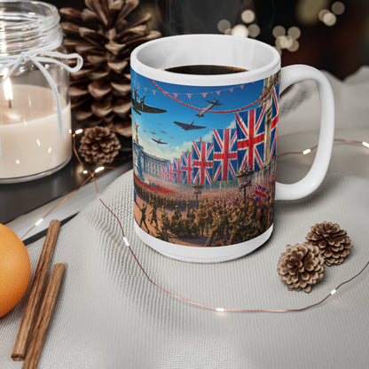 Union Jack Victory Parade Mug — Buckingham Palace Vintage WWII Commemorative Coffee Cup (11oz/15oz)