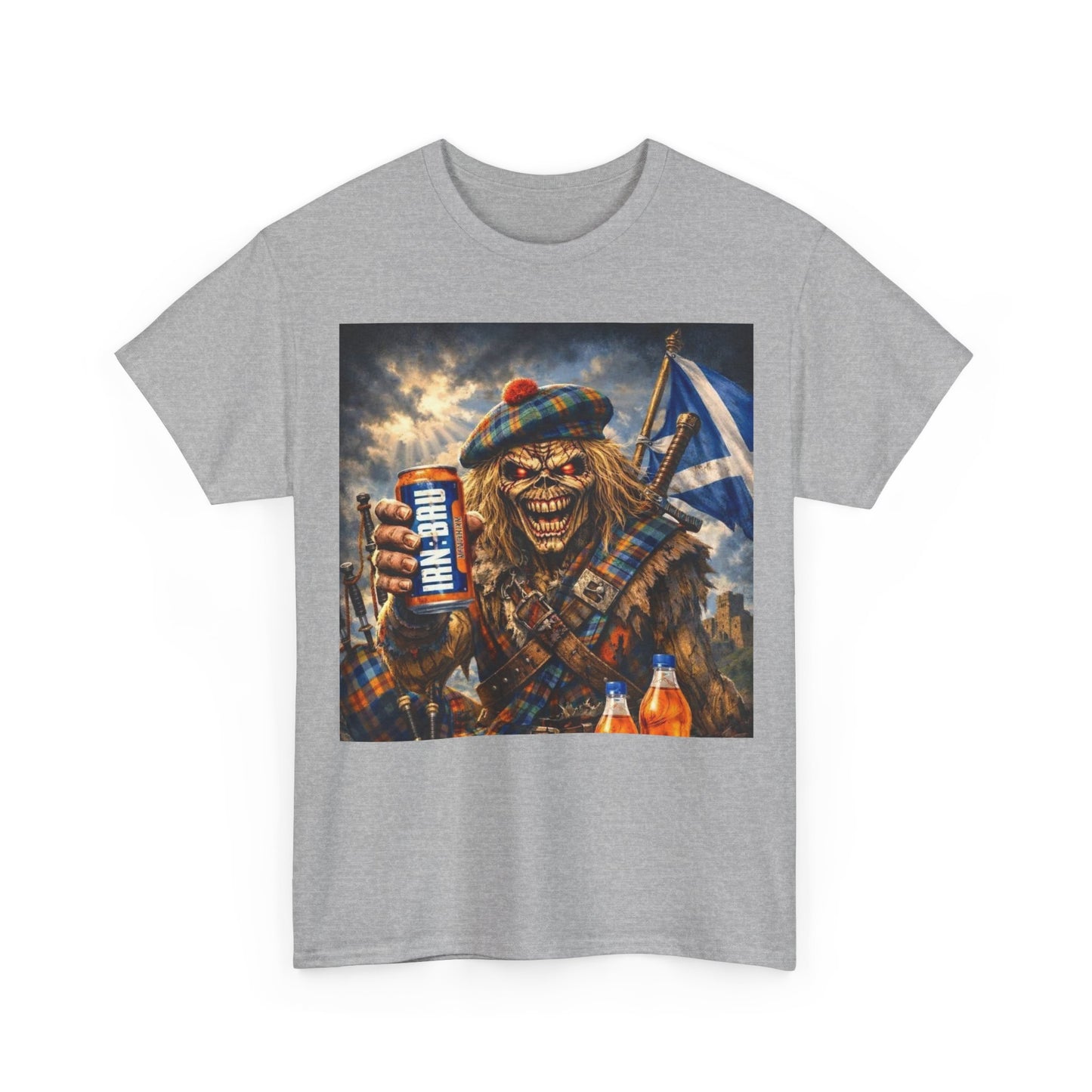 Scottish Rock Skull T‑Shirt — Eddie the Piper with Flag & Can Graphic Tee