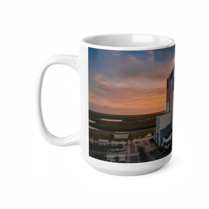 NASA Vehicle Assembly Building Sunrise Photo Mug — American Flag Ceramic Coffee Cup (11oz & 15oz)