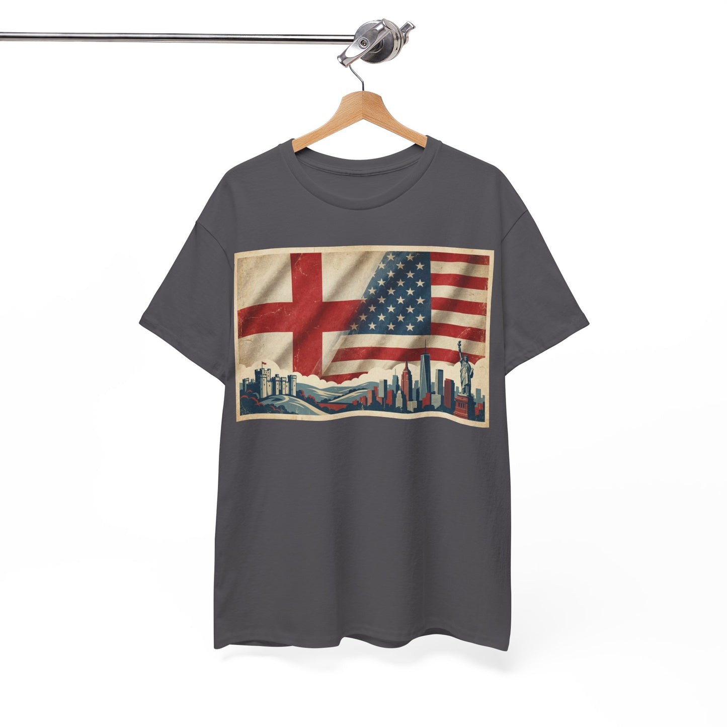 England + USA Flag Skyline T-Shirt — Vintage London & New York City Pride Tee