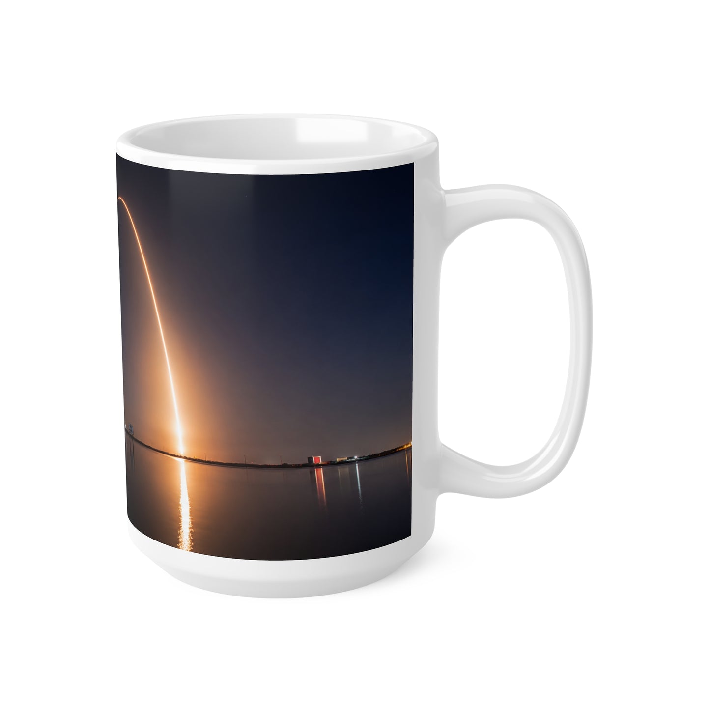 Night Rocket Launch Photo, Atmospheric Space Glow Ceramic Mug — (11oz & 15oz)