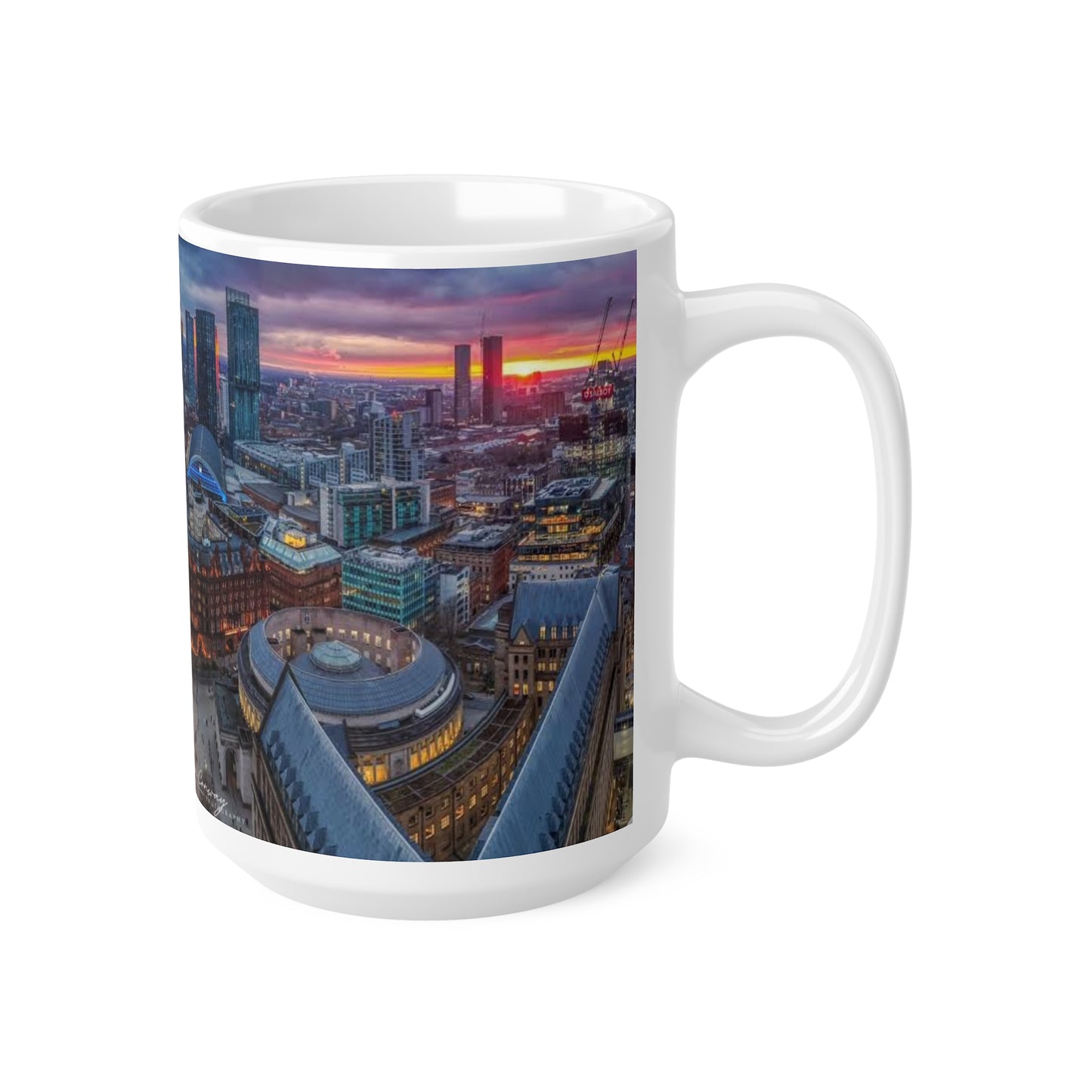 Manchester Cityscape Ceramic Mug — Aerial Skyline Sunset Coffee Cup (11oz, 15oz)