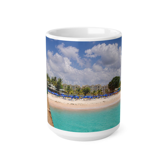 Barbados Tropical Beach Photo Mug — Scenic Dock Over Turquoise Water, 11oz & 15oz Ceramic Coffee Cup