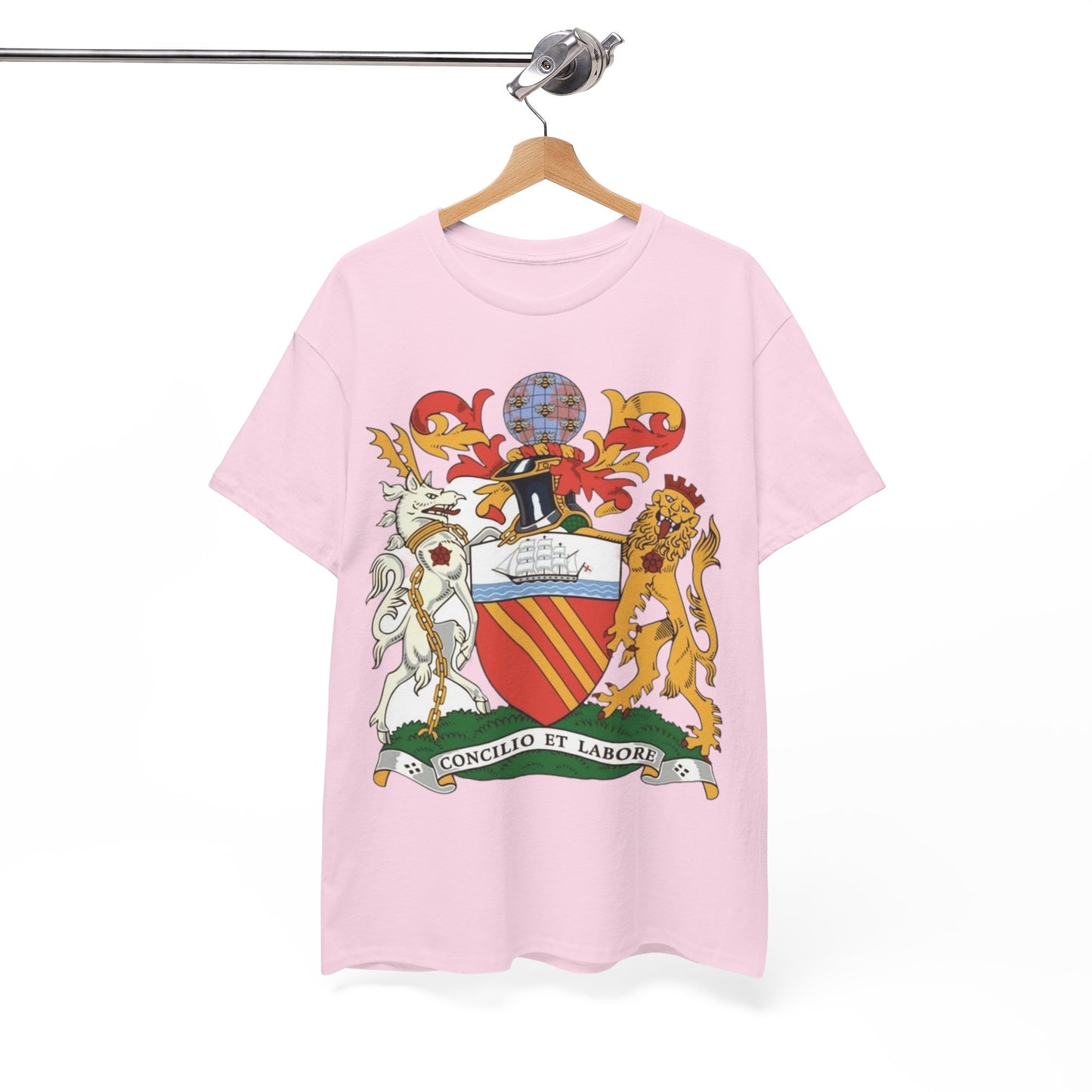 Manchester Coat of Arms Crest T‑Shirt — Heraldic Family Shield Tee with 'Concilio et Labore' Banner